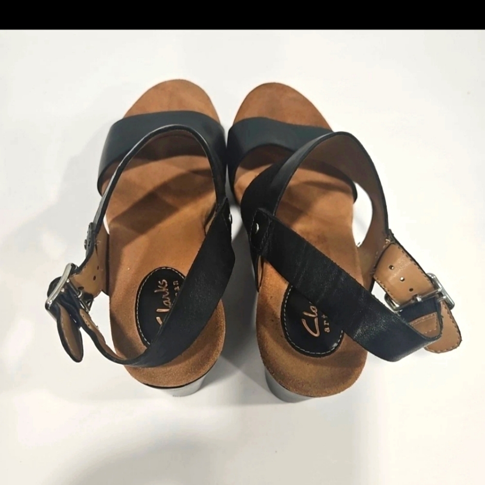 Clarks Black Leather Wedge Sandals with Buckle Strap - Picture 3 of 9
